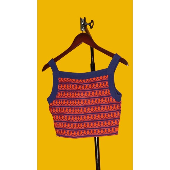 1960s-1970s LANZ People Print Crop Top NOVELTY KISTCH Blue & Red Blouse. XS - Picture 3 of 10